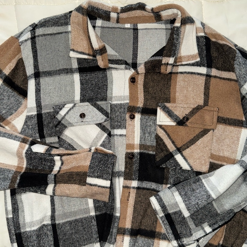 SHEIN (XL) Flannel Plaid Brown/Gray Button Up